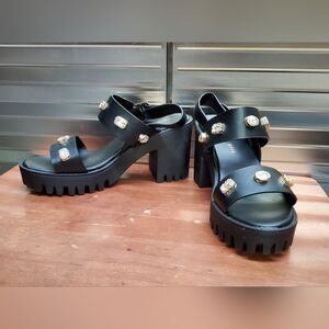 Madden Girl Storrm Black Platform Jeweled Heel Sandals 7.5 M